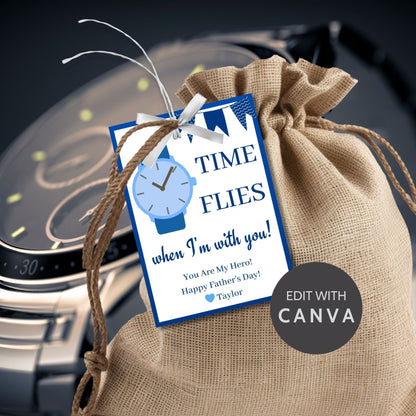 Time Flies When Im With You Fathers Day gift tags in blue and white. Features a watch icon, customizable name field, and banners. Buyers receive a ready-to-print PDF and an editable Canva template to personalize the tags for their father figures.