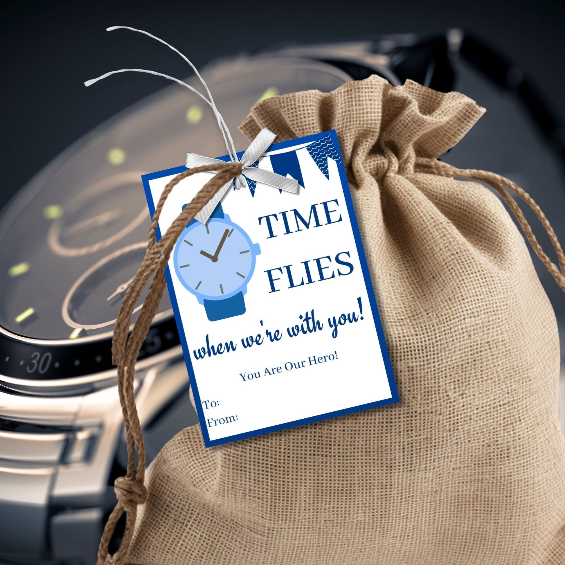 Time Flies When Im With You Fathers Day gift tags in blue and white. Features a watch icon, customizable name field, and banners. Buyers receive a ready-to-print PDF and an editable Canva template to personalize the tags for their father figures.