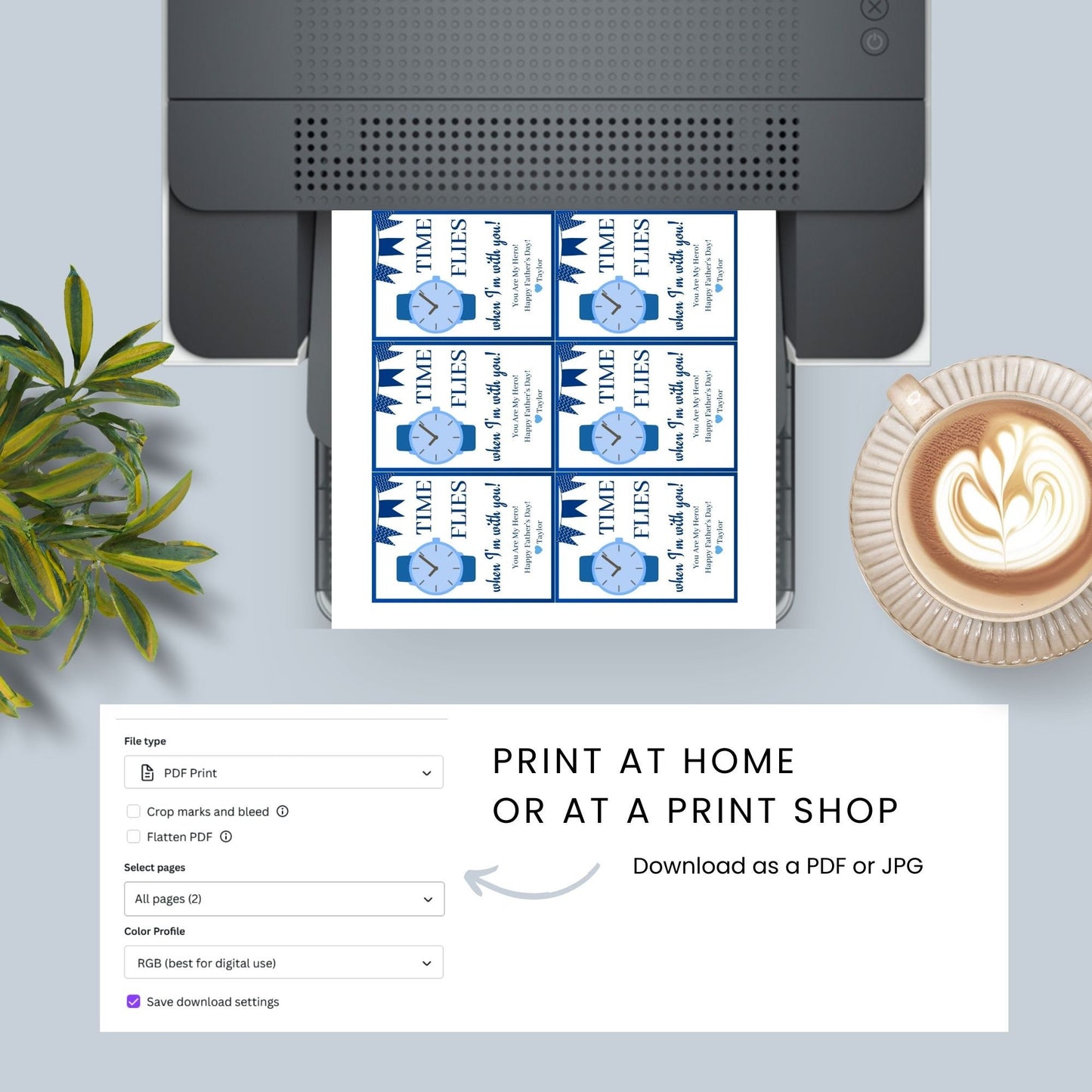 Time Flies When Im With You Fathers Day gift tags in blue and white. Features a watch icon, customizable name field, and banners. Buyers receive a ready-to-print PDF and an editable Canva template to personalize the tags for their father figures.