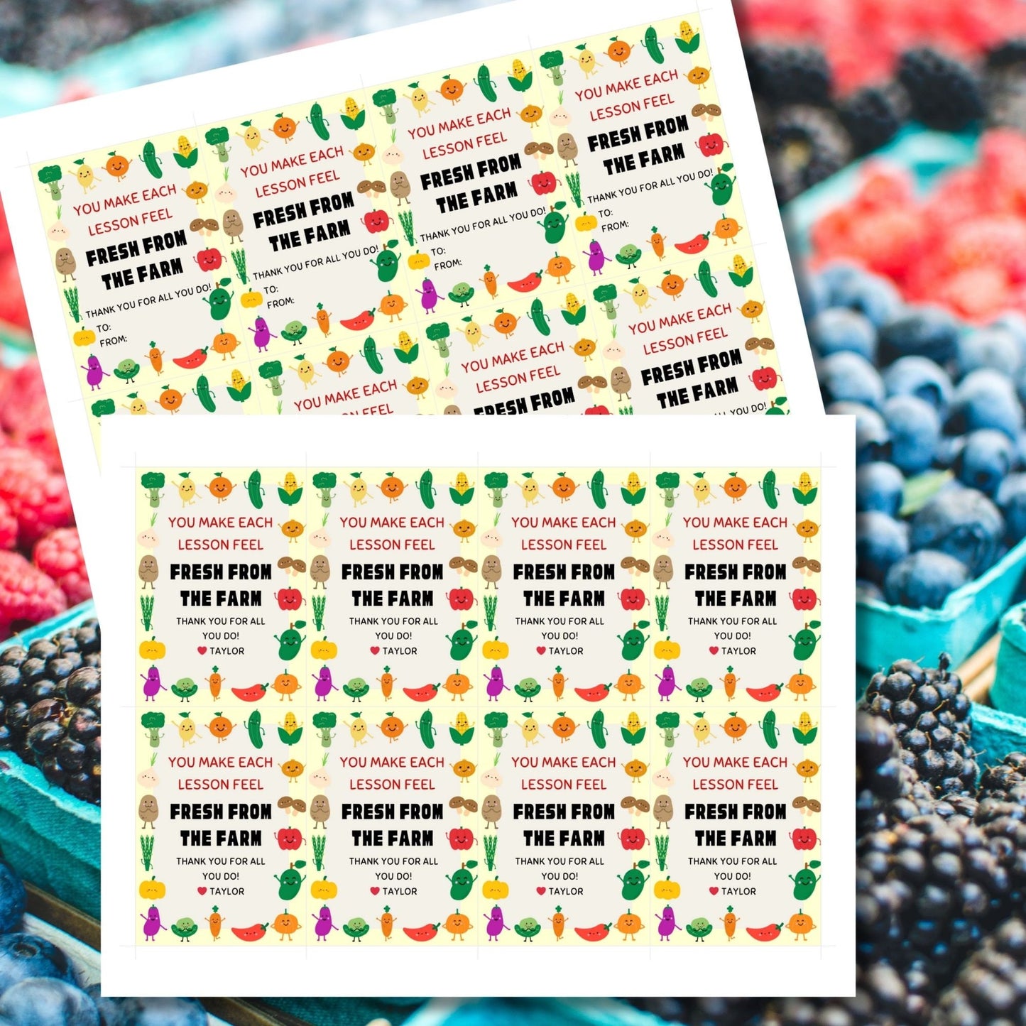 Image showcasing YOU MAKE EACH LESSON FEEL FRESH FROM THE FARMTags express gratitude with a colorful farmer&#39;s market theme and customizable names. Perfect for appreciation gifts to teachers, staff, and more.