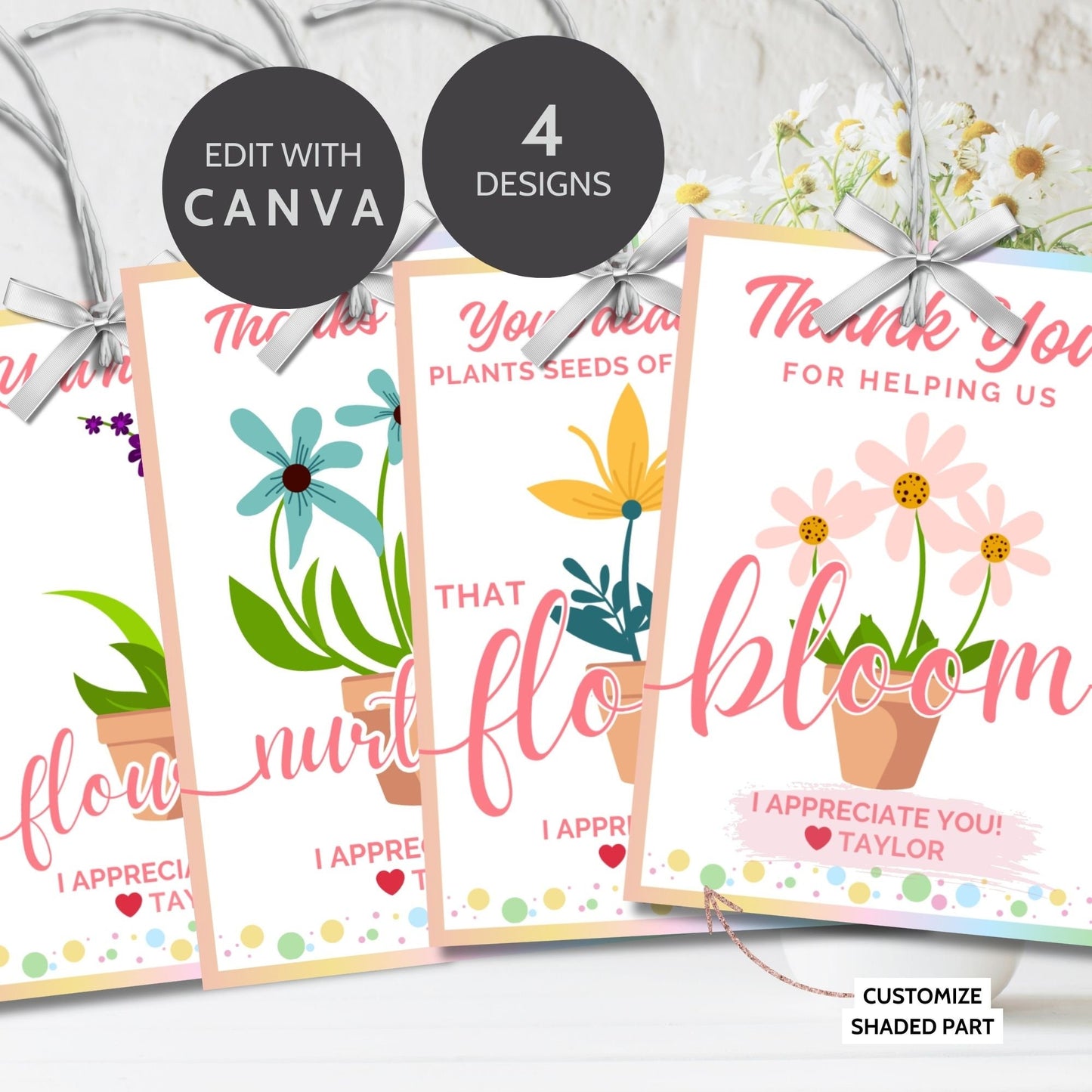 Assorted Blooms of Appreciation gift tags with vibrant flowers and heartfelt gratitude messages, customizable for personal touch.