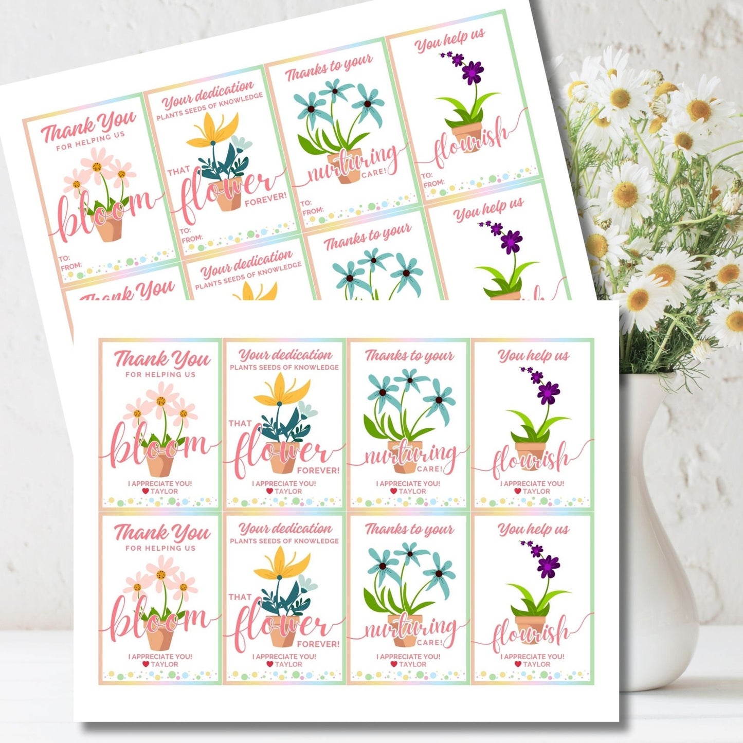 Assorted Blooms of Appreciation gift tags with vibrant flowers and heartfelt gratitude messages, customizable for personal touch.