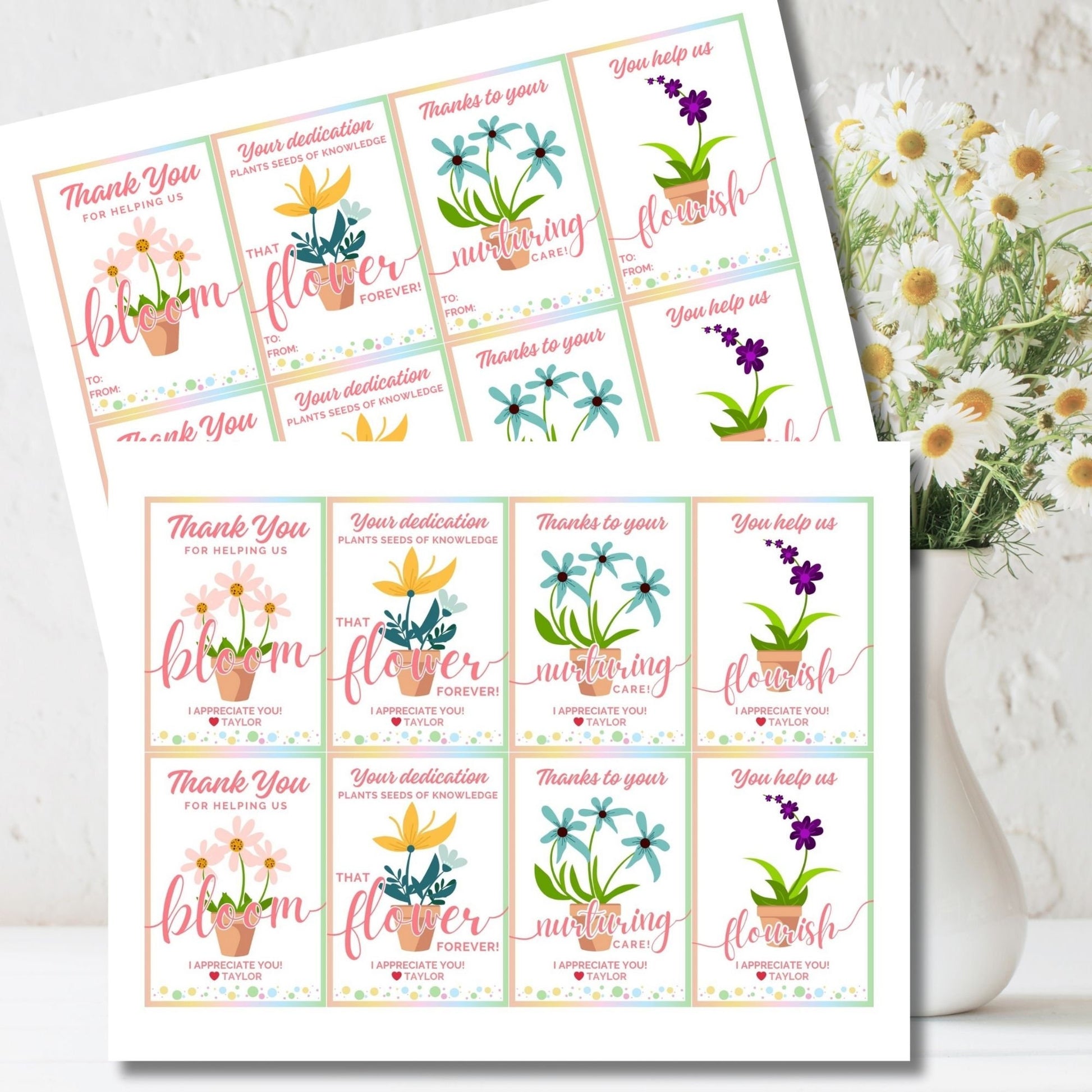 Assorted Blooms of Appreciation gift tags with vibrant flowers and heartfelt gratitude messages, customizable for personal touch.