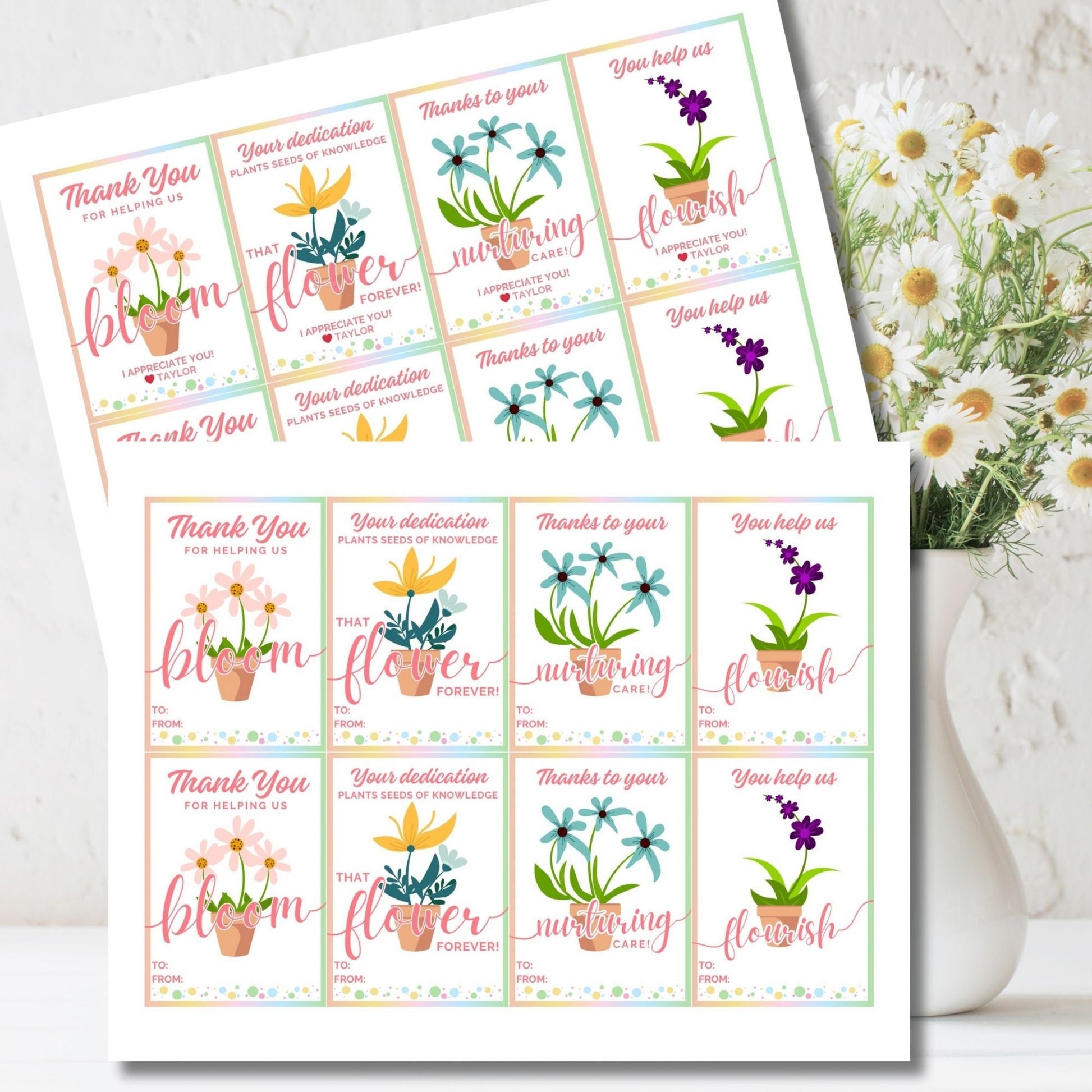 Assorted Blooms of Appreciation gift tags with vibrant flowers and heartfelt gratitude messages, customizable for personal touch.