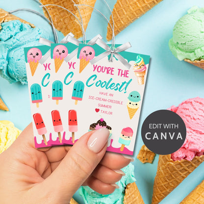 Colorful summer gift tags featuring playful ice cream characters with text Youre The Coolest! Have an ice-cream-credible summer! Personalize with names.