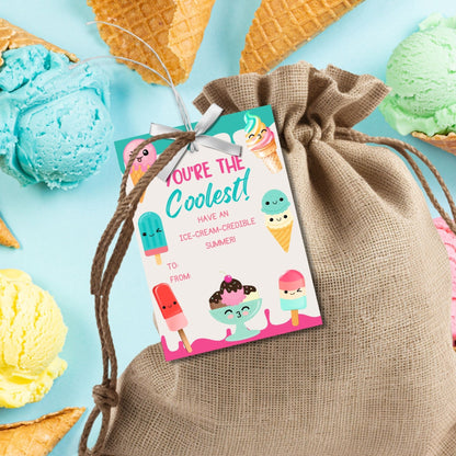 Colorful summer gift tags featuring playful ice cream characters with text Youre The Coolest! Have an ice-cream-credible summer! Personalize with names.