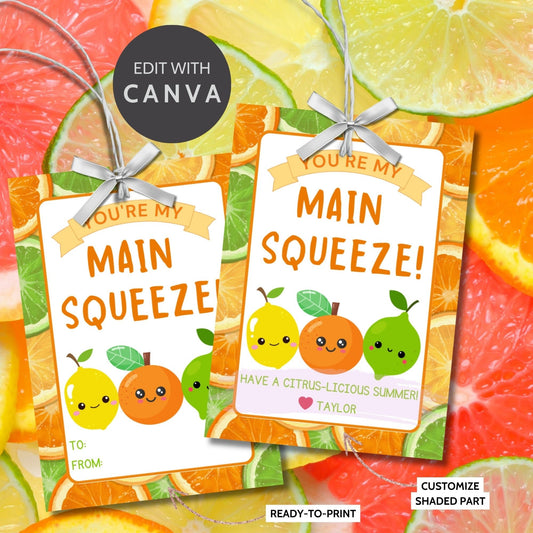 Playful summer gift tags with cute citrus fruits saying Youre My Main Squeeze! Have a Citrus-licious Summer! Personalize with names.