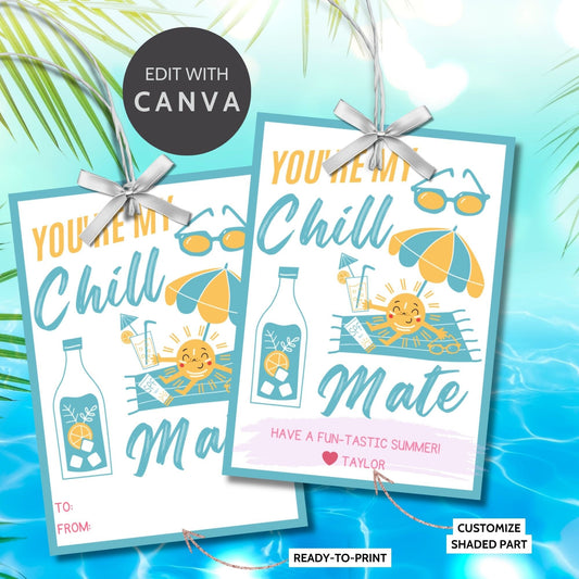 Bright summer gift tags featuring sunglasses, a smiling sun, and a cool drink, with the text Youre My Chill Mate, Have a Fun-tastic Summer! Personalize with names.