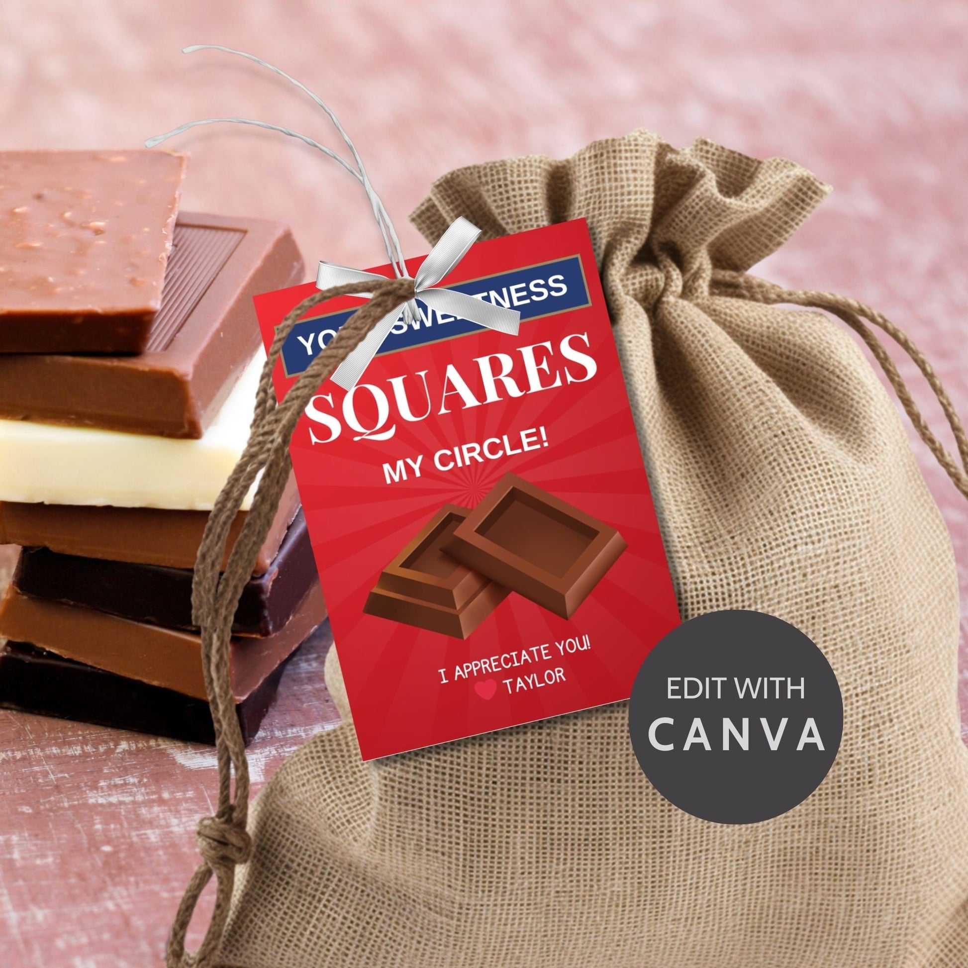 Red Your Sweetness Squares My Circlebgift tags, ideal for chocolate treats, with editable name field, in a downloadable PDF format.