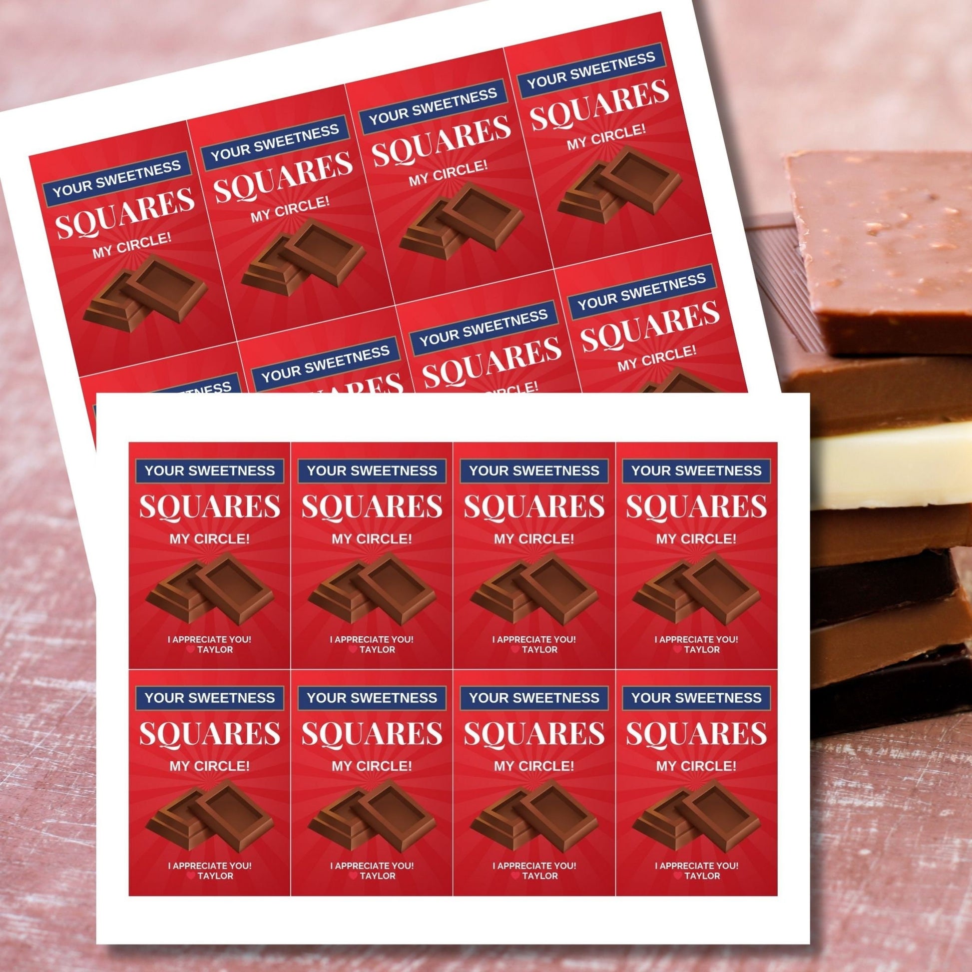 Red Your Sweetness Squares My Circlebgift tags, ideal for chocolate treats, with editable name field, in a downloadable PDF format.