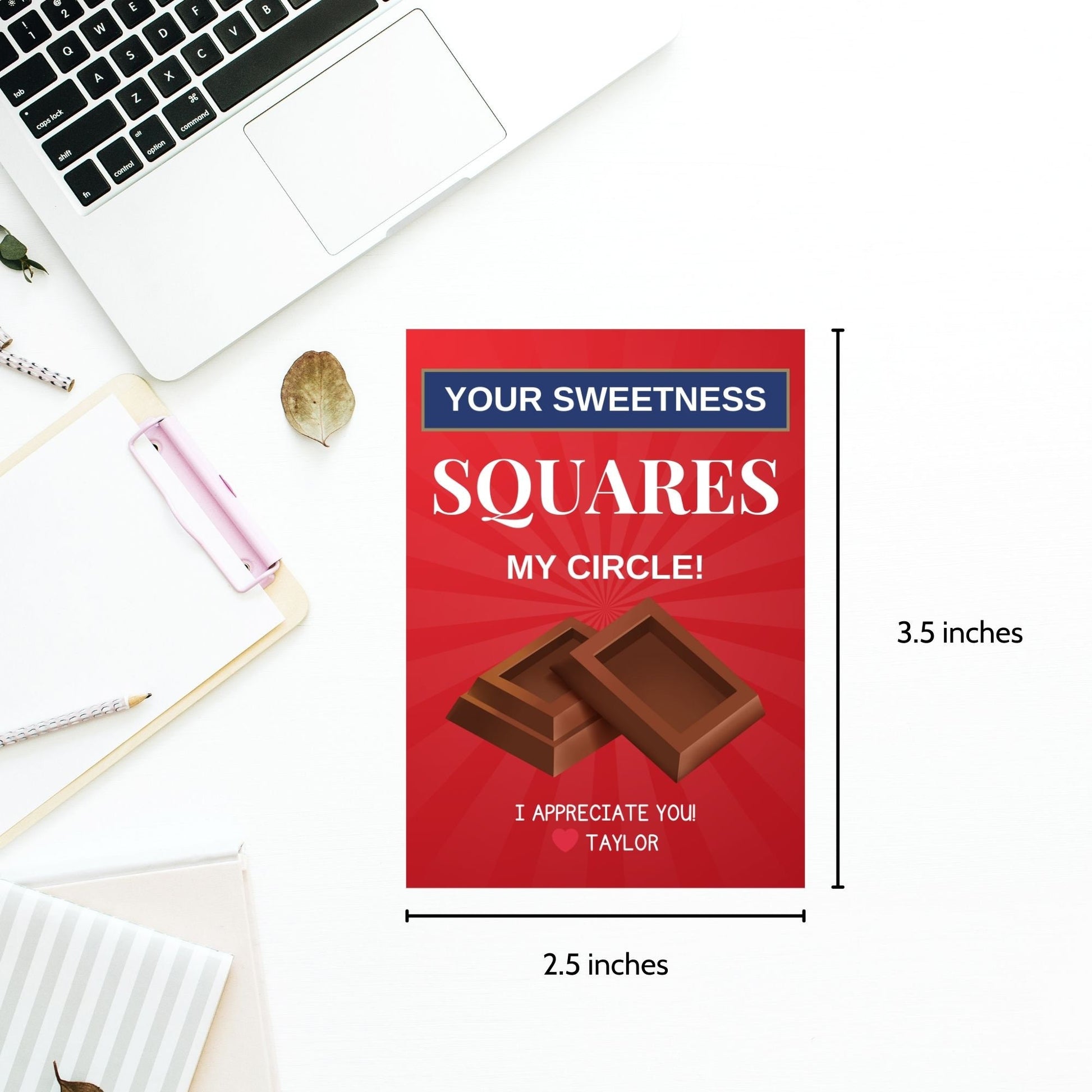 Red Your Sweetness Squares My Circlebgift tags, ideal for chocolate treats, with editable name field, in a downloadable PDF format.