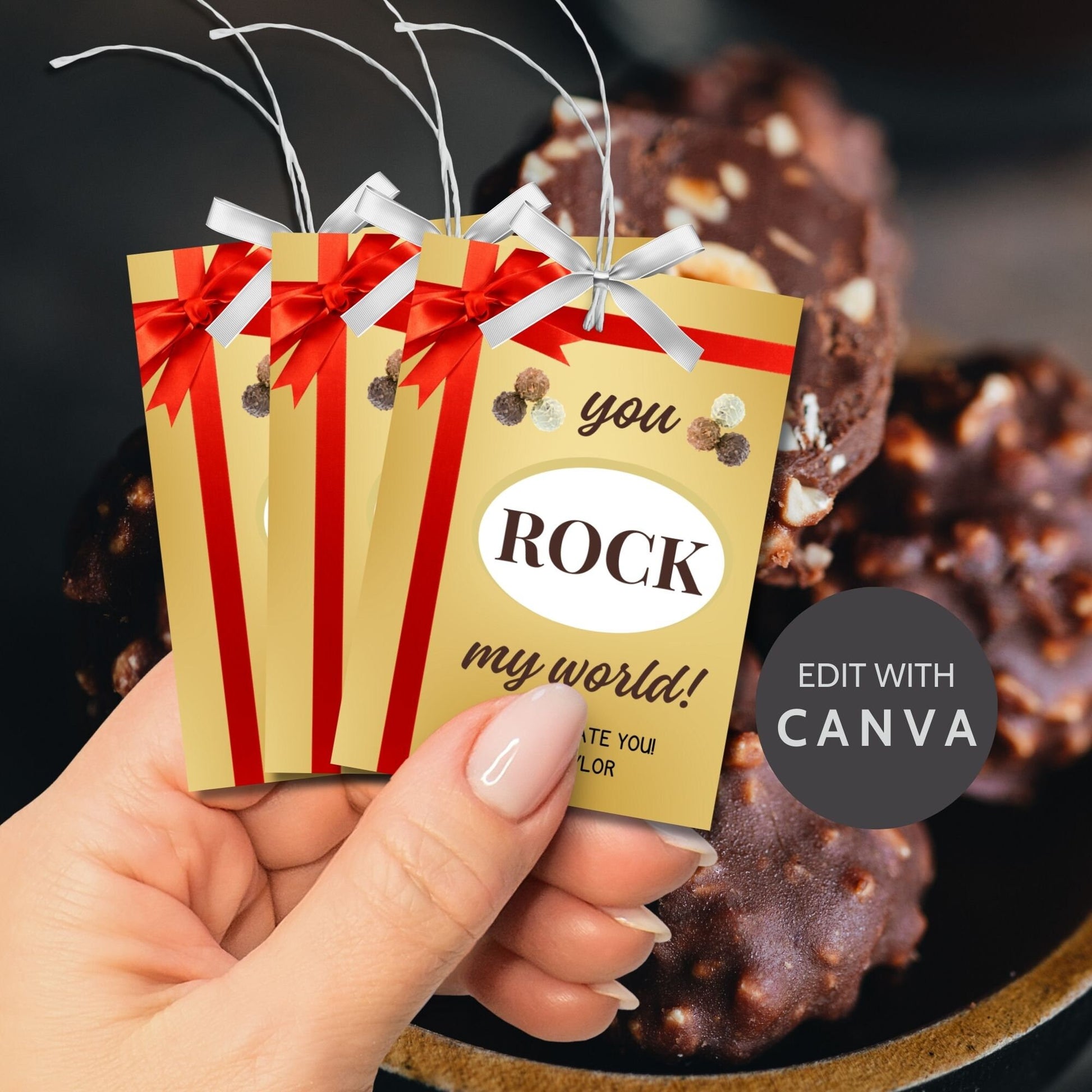 Elegant gold You ROCK my world! gift tags with red ribbon graphic, ready for a special touch with editable name feature.
