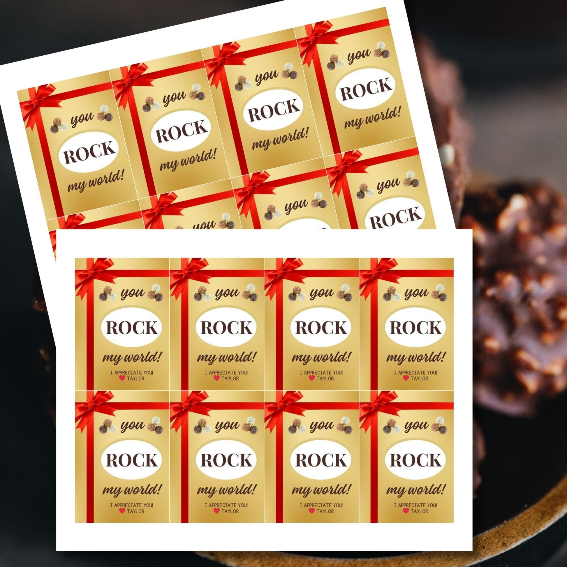 Elegant gold You ROCK my world! gift tags with red ribbon graphic, ready for a special touch with editable name feature.