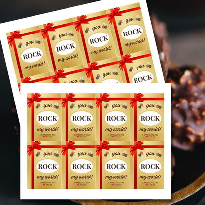 Elegant gold You ROCK my world! gift tags with red ribbon graphic, ready for a special touch with editable name feature.