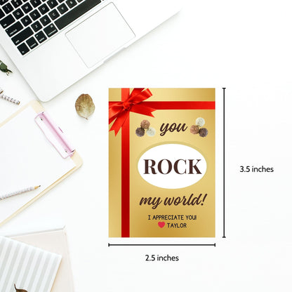 Elegant gold You ROCK my world! gift tags with red ribbon graphic, ready for a special touch with editable name feature.