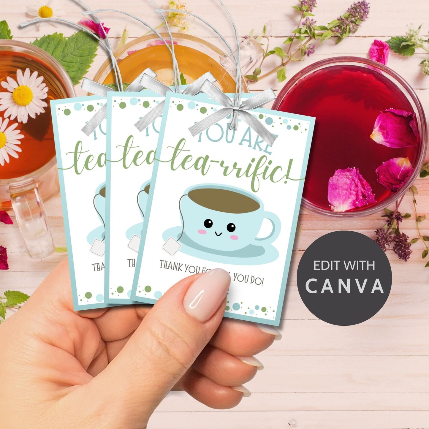 Cheerful You are tea-rrific! gift tags with cute cup illustrations, editable names, in soft blue and green, ideal for showing gratitude.