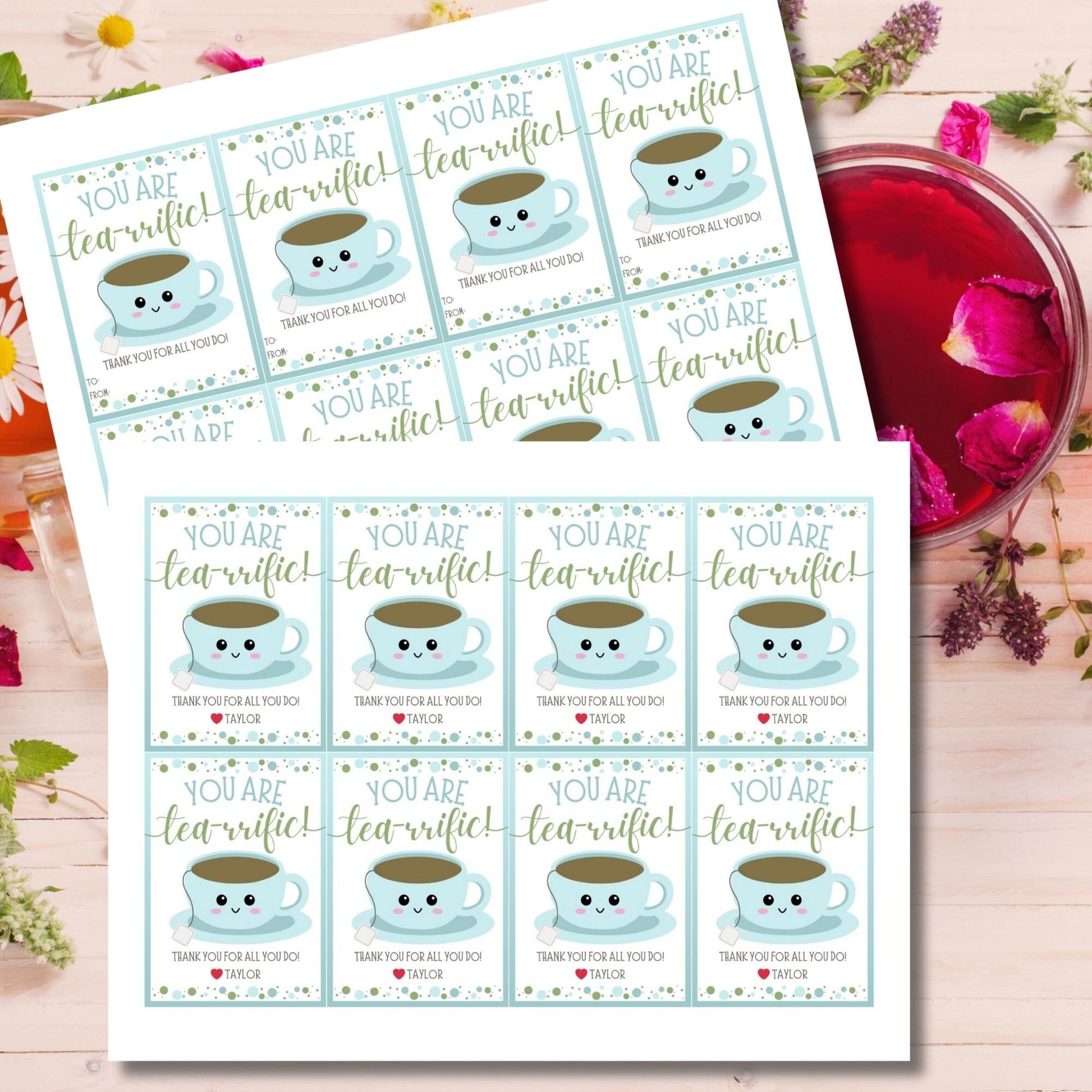 Cheerful You are tea-rrific! gift tags with cute cup illustrations, editable names, in soft blue and green, ideal for showing gratitude.