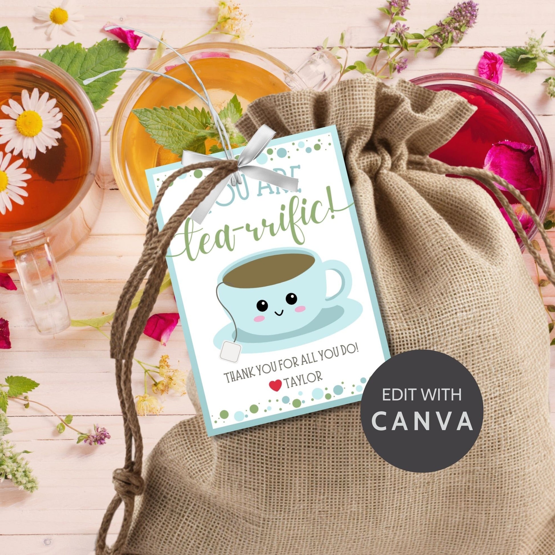 Cheerful You are tea-rrific! gift tags with cute cup illustrations, editable names, in soft blue and green, ideal for showing gratitude.