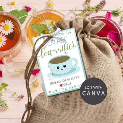 Cheerful You are tea-rrific! gift tags with cute cup illustrations, editable names, in soft blue and green, ideal for showing gratitude.