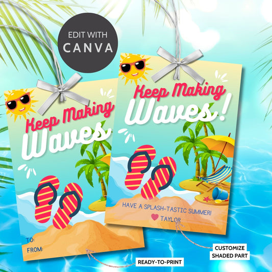 Vibrant summer gift tags featuring a sunny beach scene with flip-flops and a cheerful sun, text reads Keep Making Waves! Have a Splash-tastic Summer! Personalize with names.