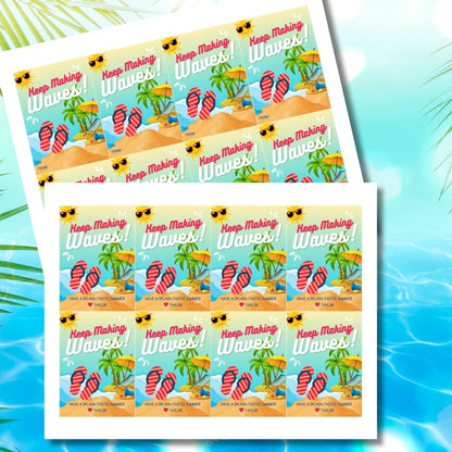 Vibrant summer gift tags featuring a sunny beach scene with flip-flops and a cheerful sun, text reads Keep Making Waves! Have a Splash-tastic Summer! Personalize with names.