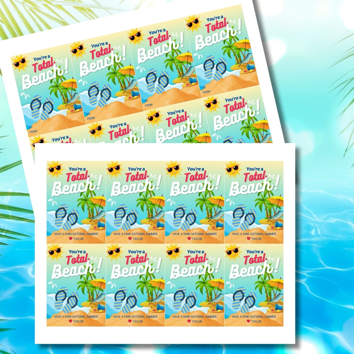 Colorful summer gift tags with a beach scene, sunglasses, and sun character, text reads Youre a Total Beach! Have a Sand-sational Summer! Personalize with names.