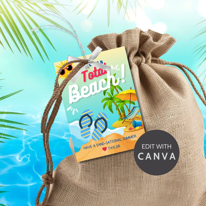 Colorful summer gift tags with a beach scene, sunglasses, and sun character, text reads Youre a Total Beach! Have a Sand-sational Summer! Personalize with names.