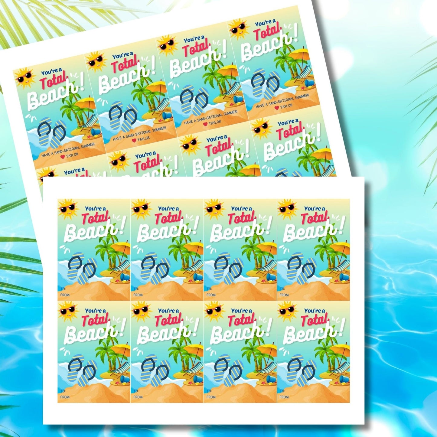 Colorful summer gift tags with a beach scene, sunglasses, and sun character, text reads Youre a Total Beach! Have a Sand-sational Summer! Personalize with names.