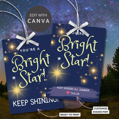 Deep blue gift tags with a glittering star design, featuring text Youre a Bright Star! Keep Shining All Summer! Personalize with names.