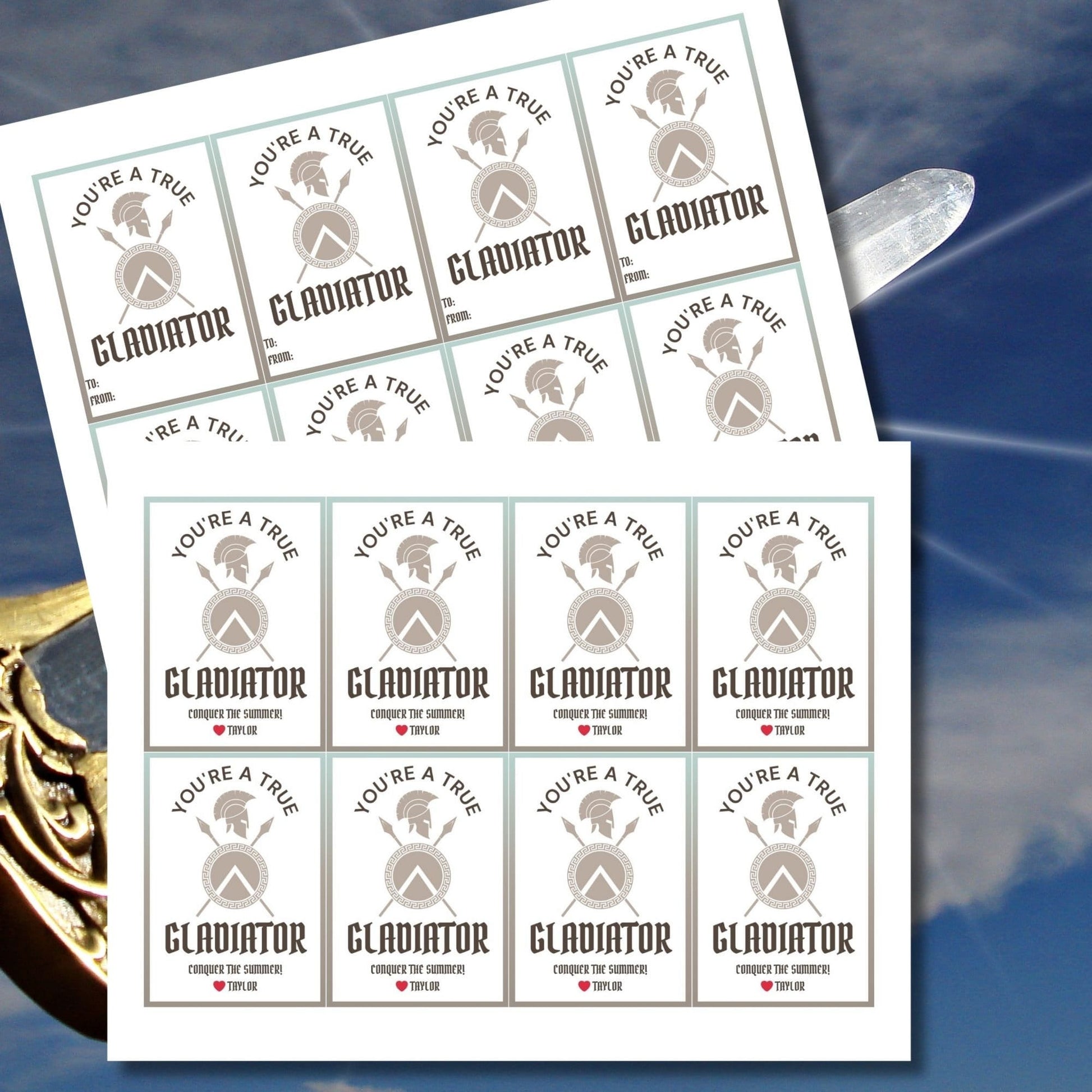 Sturdy summer gift tags featuring a gladiator helmet and swords with the text Youre a True Gladiator! Conquer the Summer! Personalize with names.