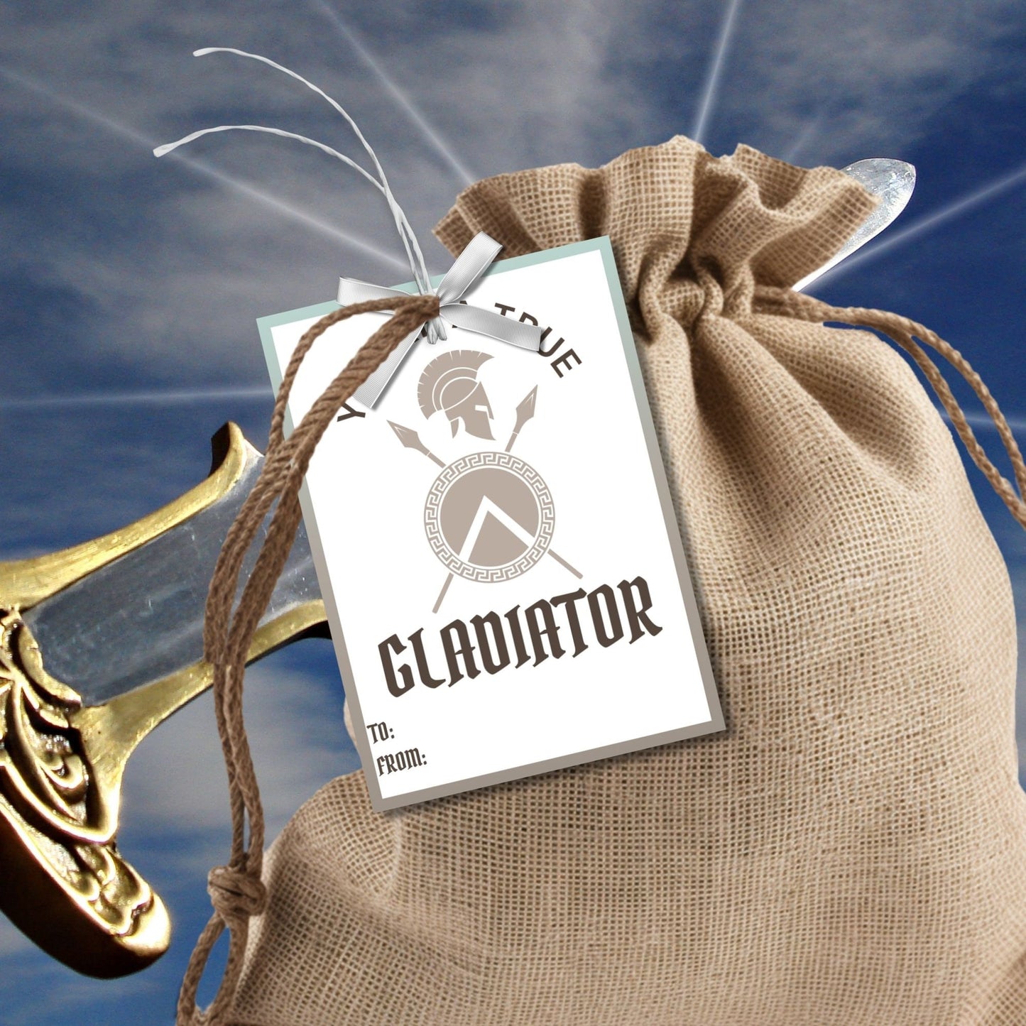 Sturdy summer gift tags featuring a gladiator helmet and swords with the text Youre a True Gladiator! Conquer the Summer! Personalize with names.