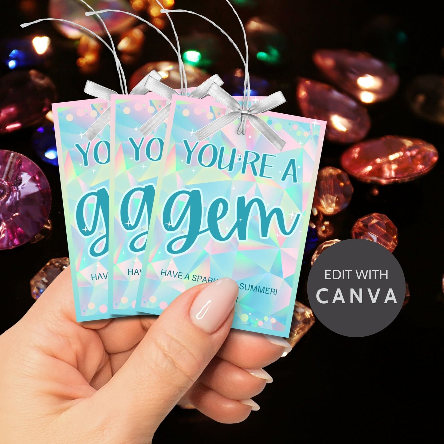 Shimmering summer gift tags featuring a gemstone design with pastel colors, text reads Youre a Gem! Have a Sparkling Summer! Personalize with names.