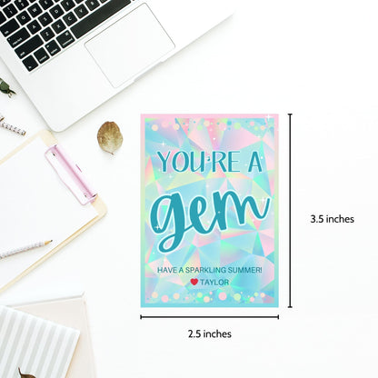 Shimmering summer gift tags featuring a gemstone design with pastel colors, text reads Youre a Gem! Have a Sparkling Summer! Personalize with names.