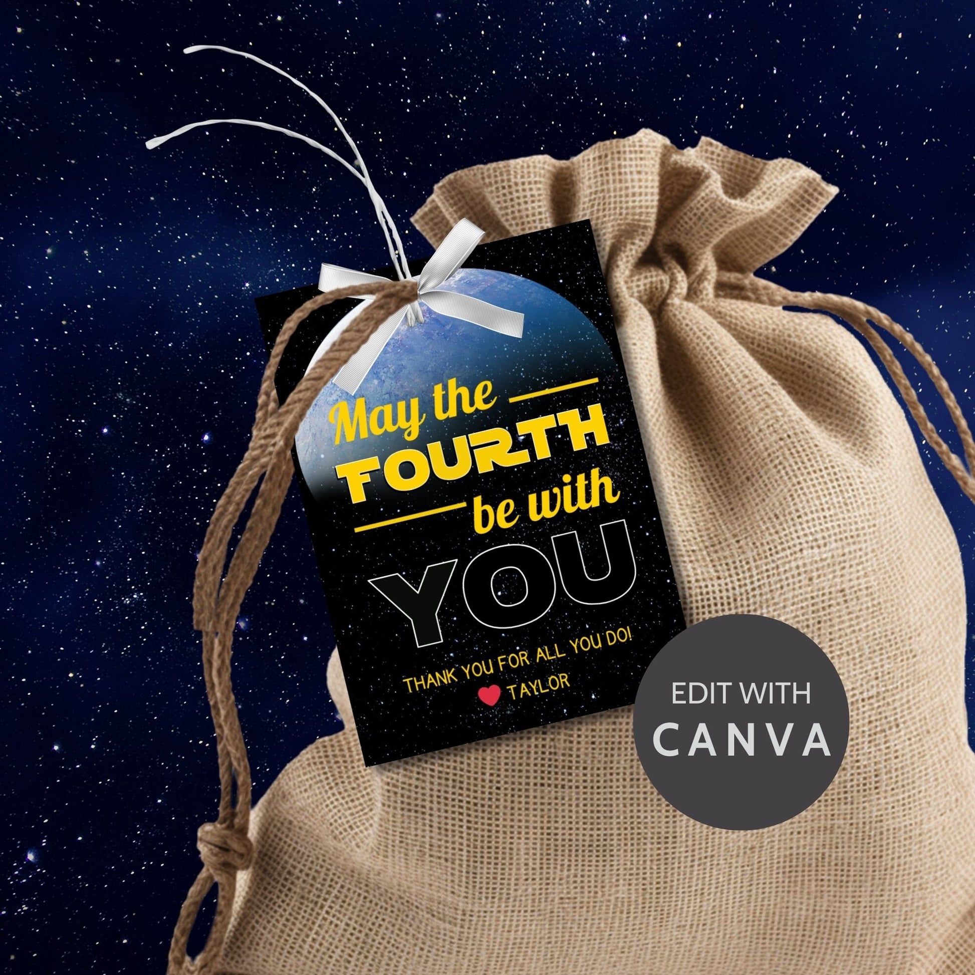 Starry space background with a vibrant Earth-like planet, featuring May the FOURTH be with YOU text for printing customizable gift tags.