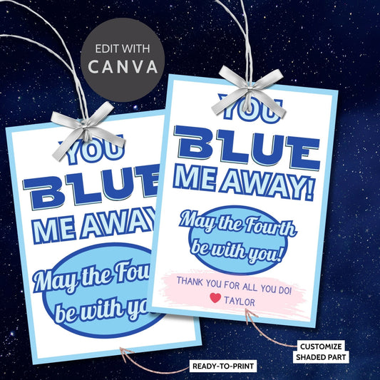 Digital gift tags featuring Bantha Blue greetings in blue hues with space theme.