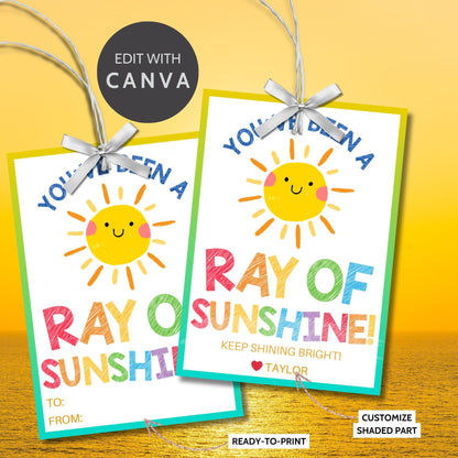 Bright summer gift tags featuring a cheerful sun and colorful text that reads Youve Been a Ray of Sunshine! Keep Shining Bright! Personalize with names.