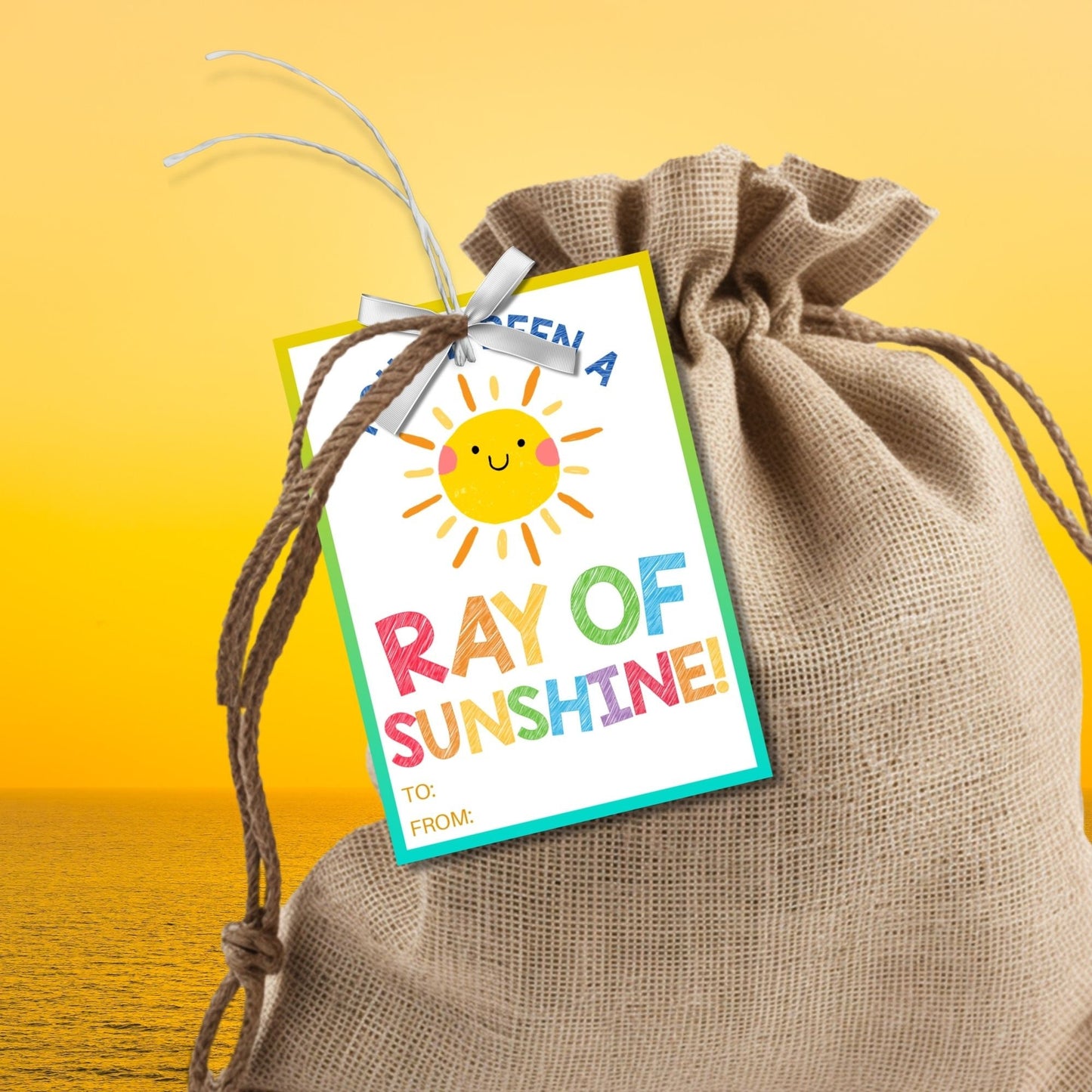 Bright summer gift tags featuring a cheerful sun and colorful text that reads Youve Been a Ray of Sunshine! Keep Shining Bright! Personalize with names.