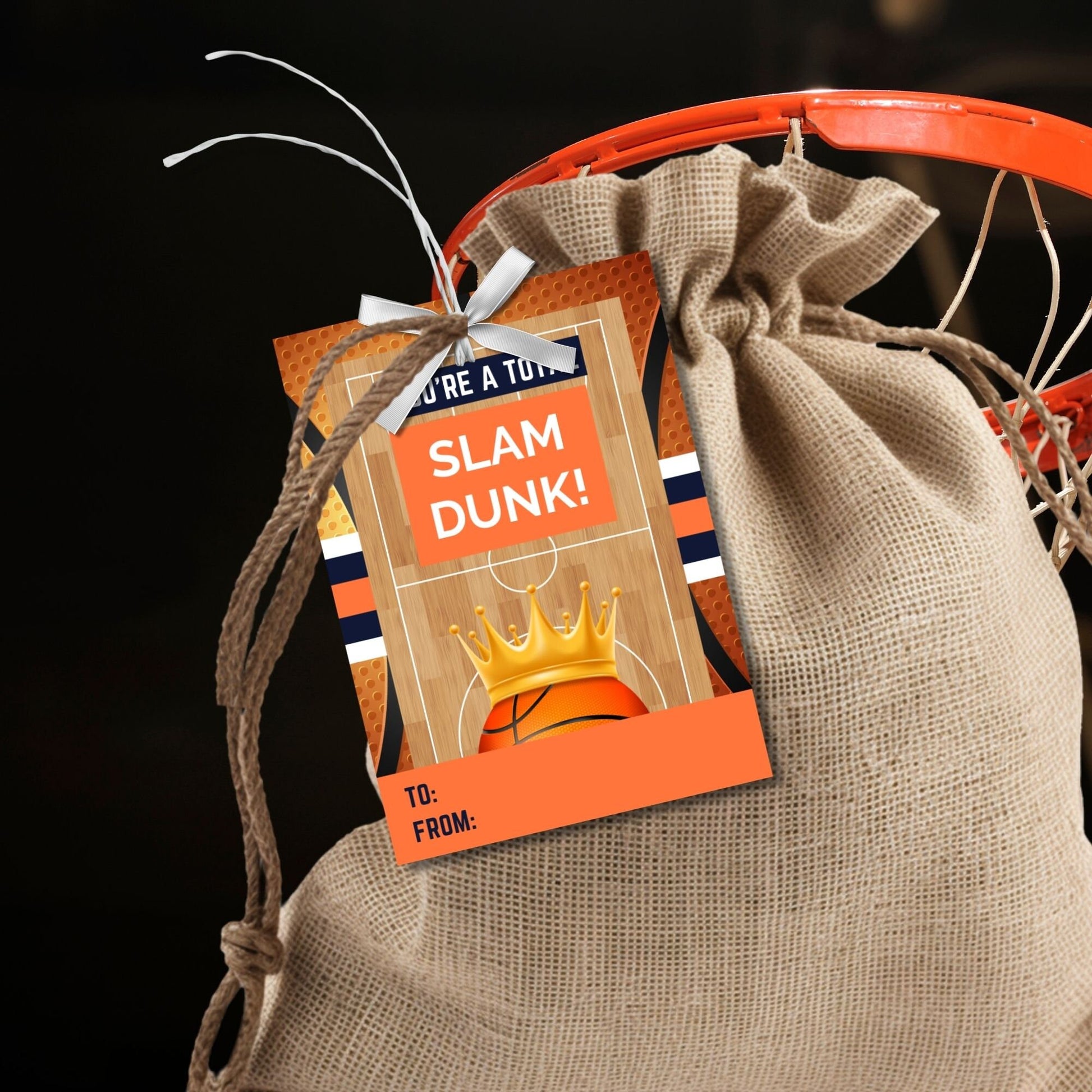 Energetic summer gift tags featuring a basketball and crown design with the text Youre a Total Slam Dunk! Reign Supreme This Summer! Personalize with names.