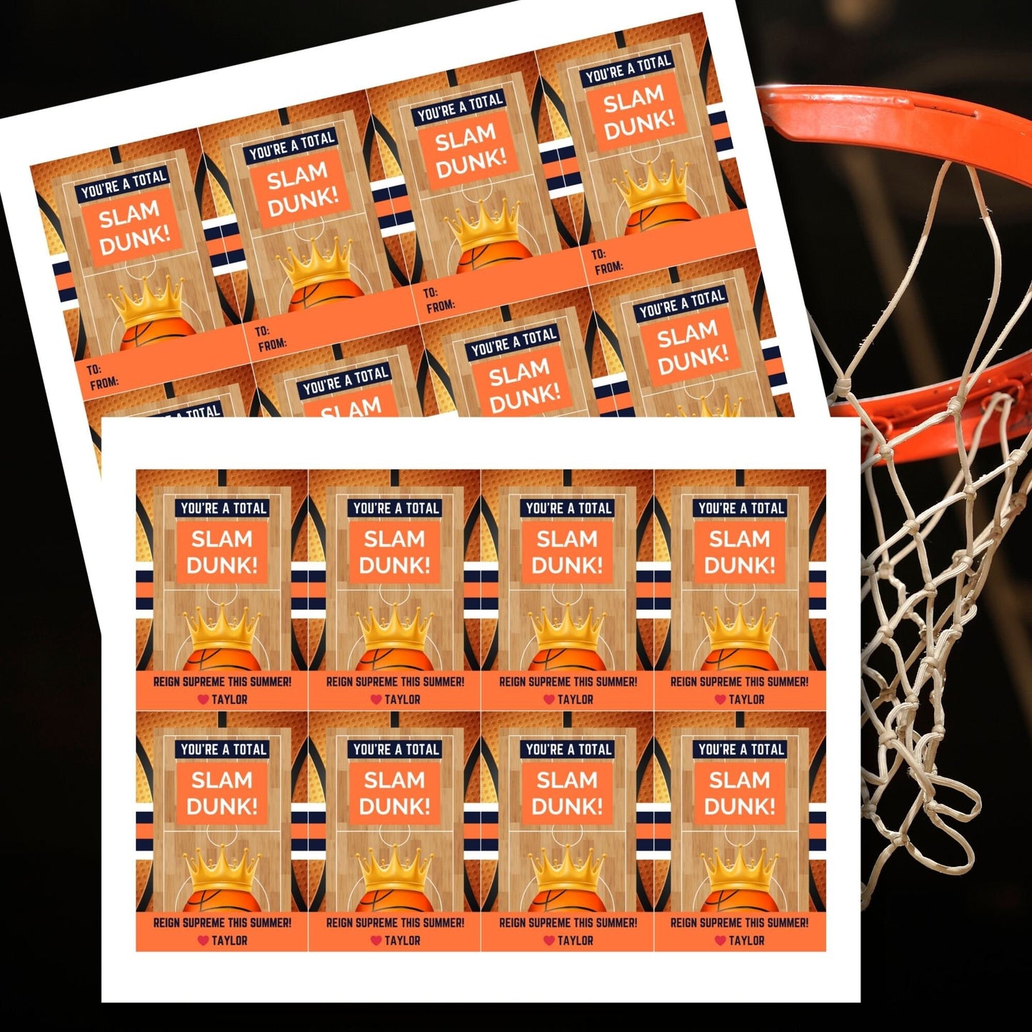 Energetic summer gift tags featuring a basketball and crown design with the text Youre a Total Slam Dunk! Reign Supreme This Summer! Personalize with names.