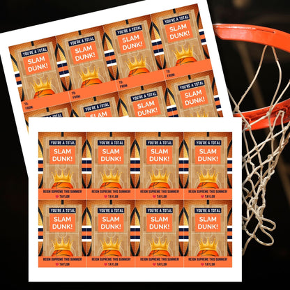 Energetic summer gift tags featuring a basketball and crown design with the text Youre a Total Slam Dunk! Reign Supreme This Summer! Personalize with names.