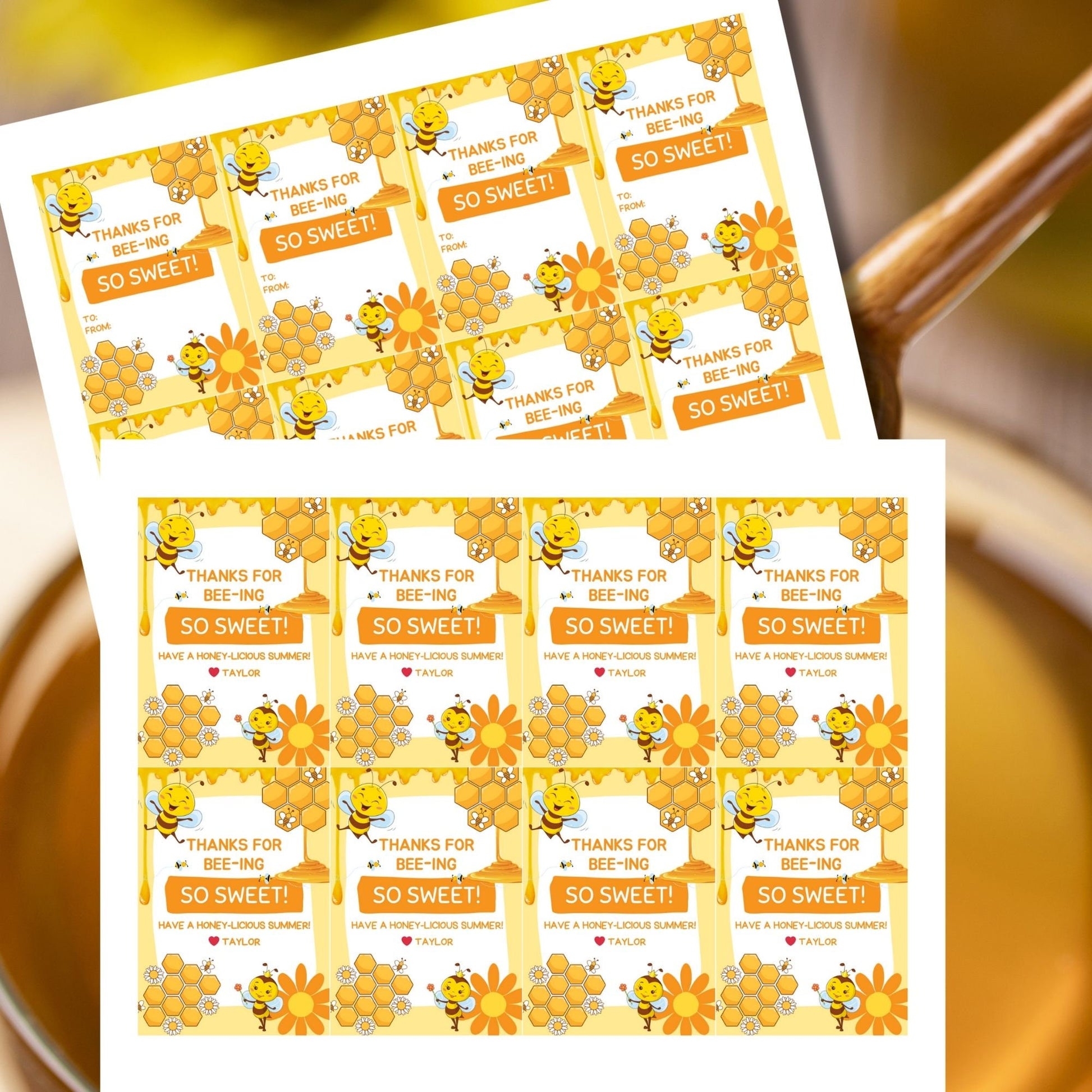 Cheerful summer gift tags featuring a cute bee and honeycomb design with the text Thanks for Bee-ing So Sweet! Have a Honey-licious Summer! Personalize with names.