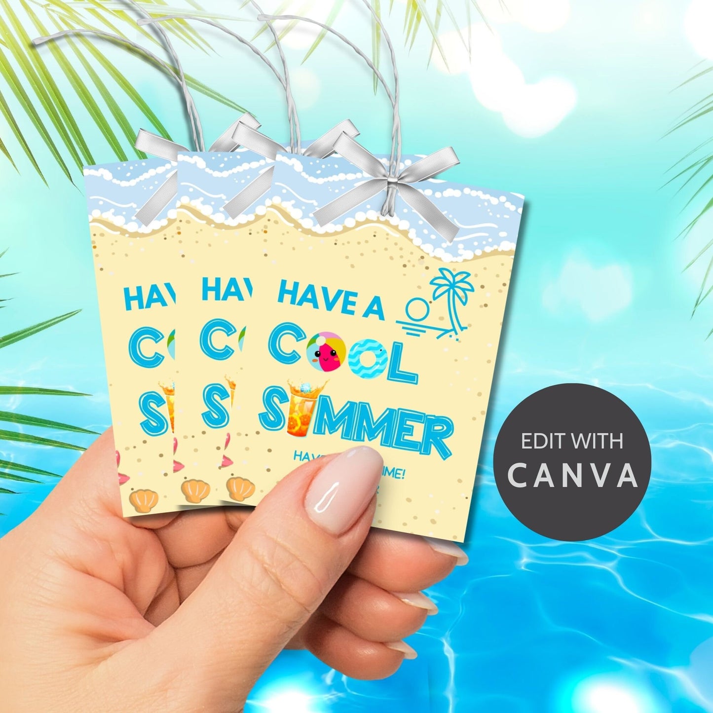 Beach-themed summer gift tags featuring a cool drink, beach ball, and text Have a Cool Summer! Have an Ice Time! Personalize with names.