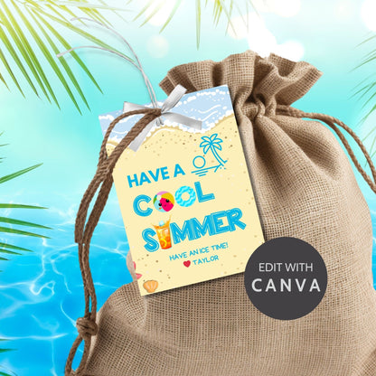 Beach-themed summer gift tags featuring a cool drink, beach ball, and text Have a Cool Summer! Have an Ice Time! Personalize with names.