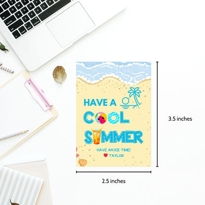 Beach-themed summer gift tags featuring a cool drink, beach ball, and text Have a Cool Summer! Have an Ice Time! Personalize with names.