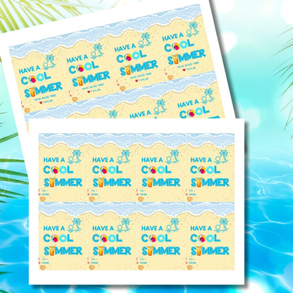 Beach-themed summer gift tags featuring a cool drink, beach ball, and text Have a Cool Summer! Have an Ice Time! Personalize with names.