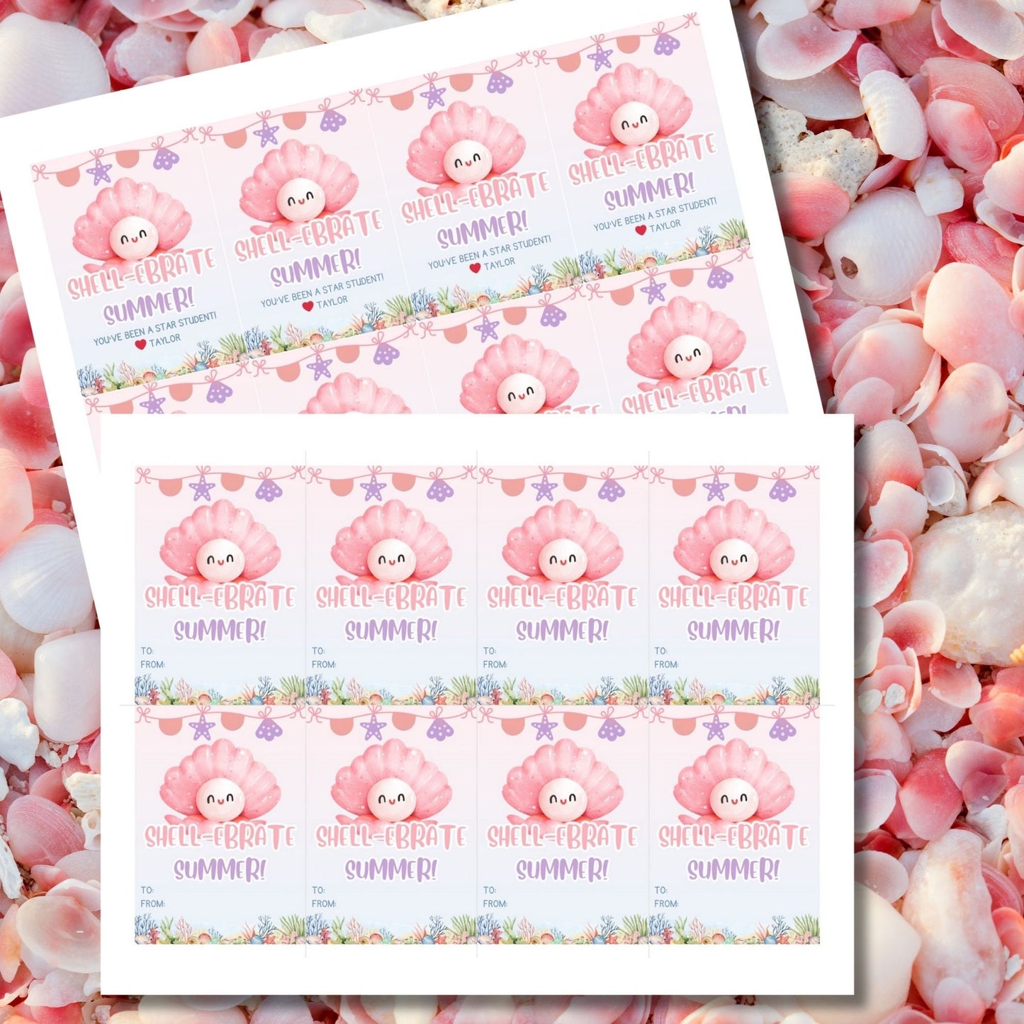 Whimsical summer gift tags featuring a cute seashell and starfish design with the text Shell-ebrate Summer! You&#39;ve Been a Star Student! Personalize with names.