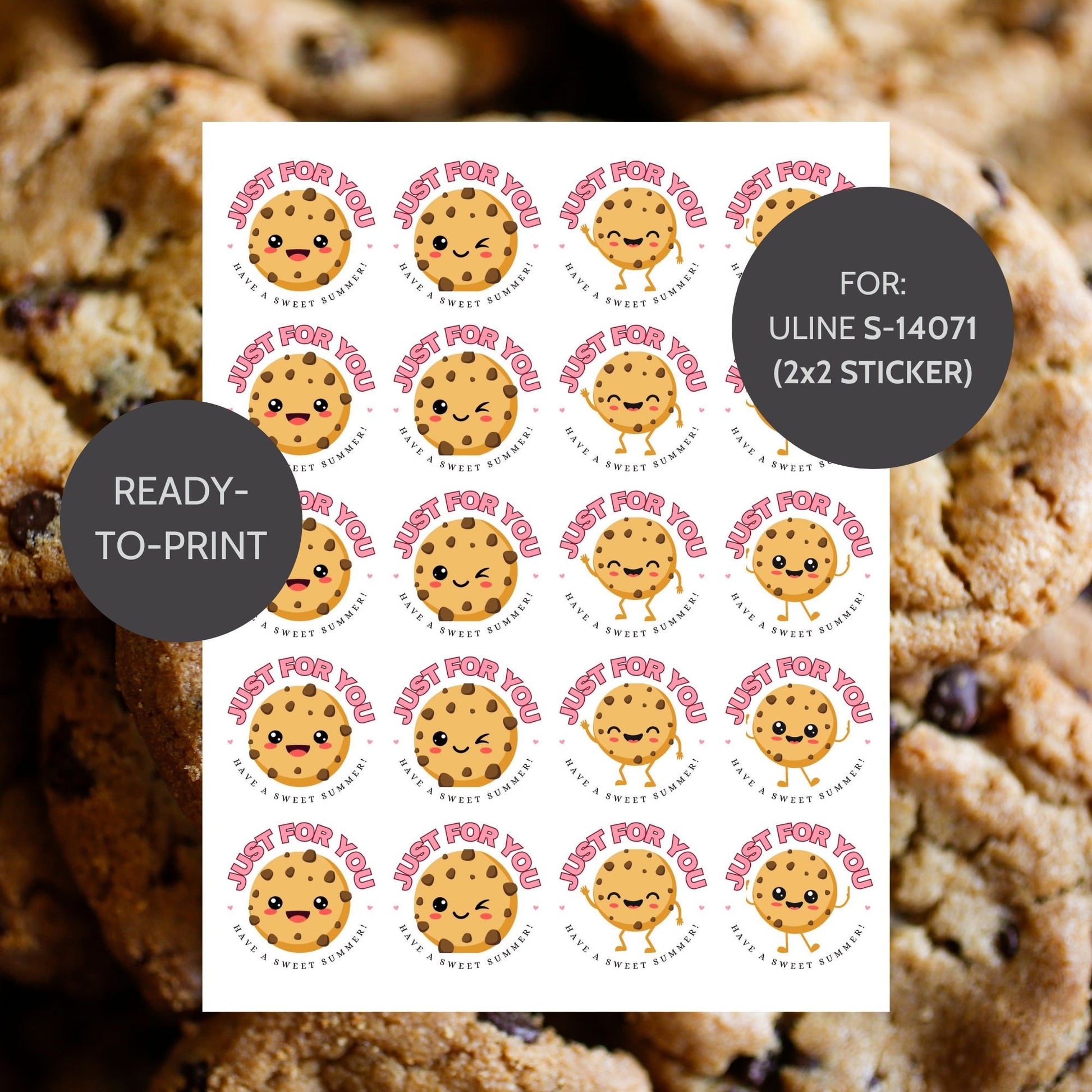 Adorable JUST FOR YOU - Have a sweet summer! cookie gift tags with cheerful faces, for ULINE S-14071 template, ready to stick on treats