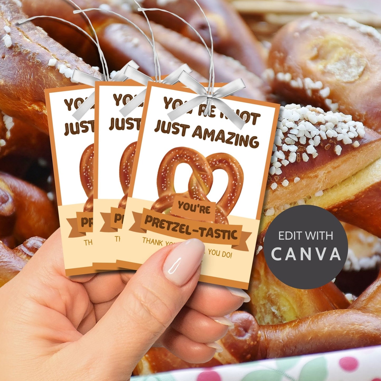 Whimsical You&#39;re knot just amazing you&#39;re pretzel-tastic! pretzel-themed gift tags, editable in Canva for a heartfelt thank-you snack.