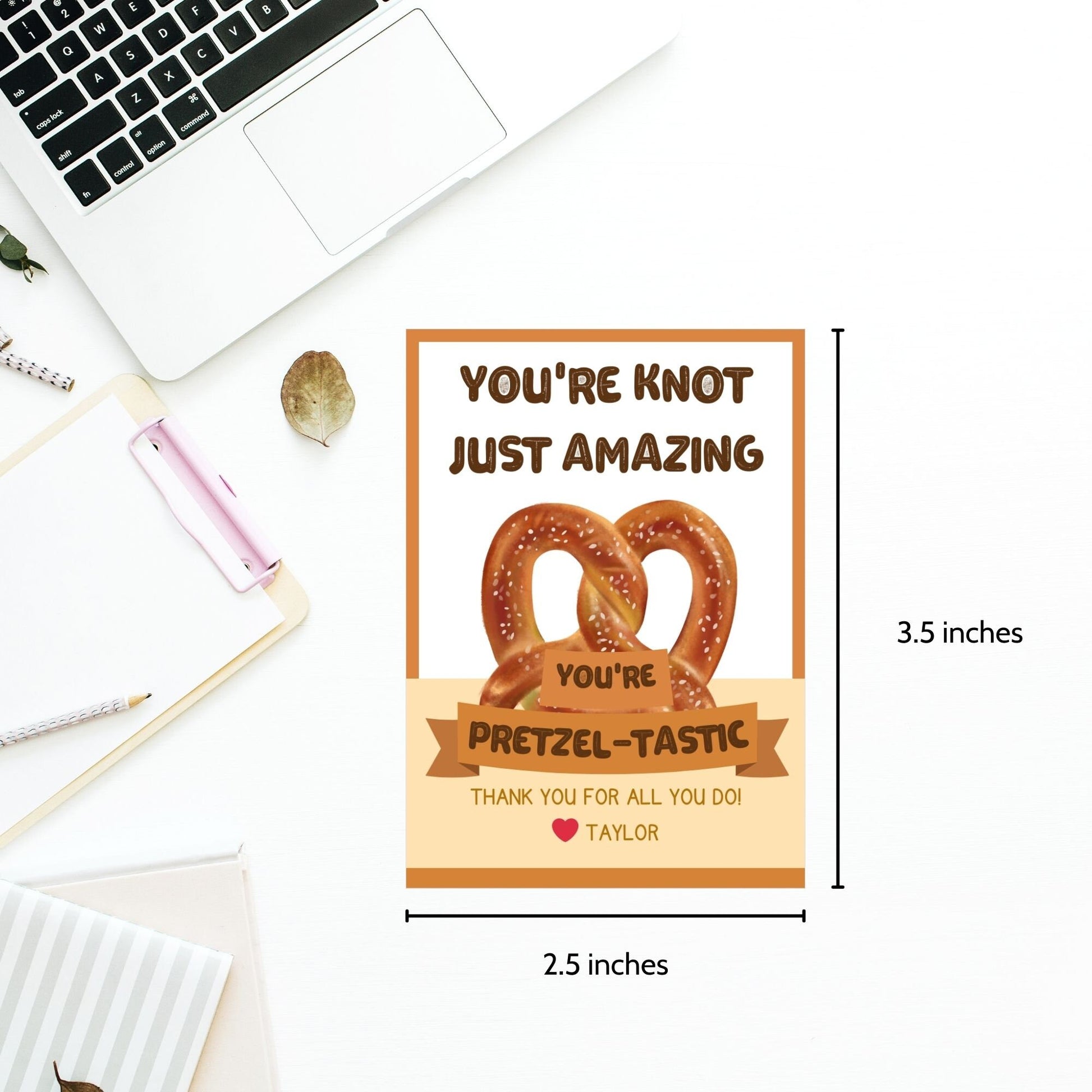 Whimsical You&#39;re knot just amazing you&#39;re pretzel-tastic! pretzel-themed gift tags, editable in Canva for a heartfelt thank-you snack.