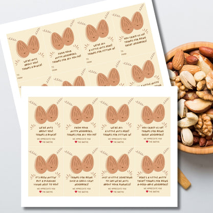 Eight playful gift tags with smiling almond illustrations and pun-filled neighborly appreciation messages, ready to print or customize online.